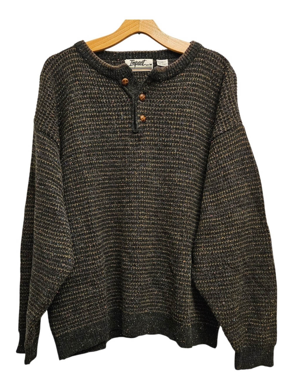 Vintage Medium Mens Dark Olive Knit Henley Sweater Academia Eclectic Grandpacore
